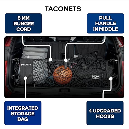 TacoNets Envelope Cargo Net for Acadia/Traverse/Enclave - Fits 2024-Current - Upgraded 5mm Bungee - Integrated Storage Bag - Heavy Duty Hooks - Designed in USA - style: Chevy Traverse / GMC Acadia / Buick Enclave 2024+