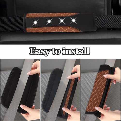 Hovom 2PCS Bling Car Seat Belt Cover Pad, Leather Seatbelt Covers for Cars, Soft Safety Seatbelt Shoulder Strap Covers, Rhinestone Auto Seat Belt Protector Cushion for Women Girls (Coffee) - color: Coffee