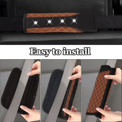 Hovom 2PCS Bling Car Seat Belt Cover Pad, Leather Seatbelt Covers for Cars, Soft Safety Seatbelt Shoulder Strap Covers, Rhinestone Auto Seat Belt Protector Cushion for Women Girls (Coffee) - color: Coffee