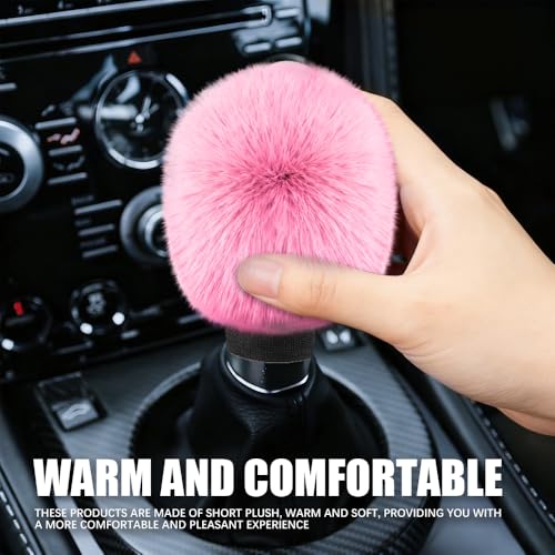 2PCS Plush Car Gear Shift Knob Cover & Handbrake Cover, Shift Knob Protector, Soft Fluffy Gear Handbrake Protective Sleeves, Shifter Lever Brake Handle Warm Plush Set for Cars (Pink)
