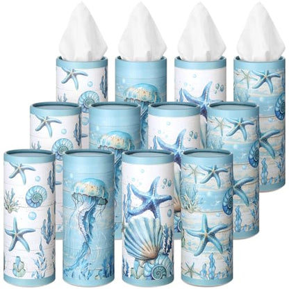 12 Pack Summer Ocean Car Tissue Cylinder Holder Bulk with 3 Ply Facial Tissues Starfish Round Napkin Holders for Cup Holder Cylinder Colorful Travel Paper Tubes Bulk Napkin Boxes Packs - style: Ocean