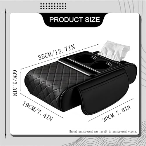 Car Center Console Organizer Armrest Storage Box with 2 Cup Holders-Universal 5-in-1 Leather Cushion Cover,Phone Slot & Tissue Holder for SUV/Sedan(Black)