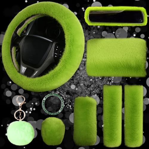 9-Pack Fluffy Car Accessories Set,Silence Shopping Fluffy Steering Wheel Cover Winter Warm Fur Steering Wheel Cover Fuzzy Car Decoration Accessories for Women Girls (Green) - color: Green