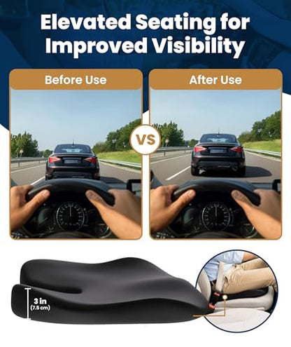 Everlasting Comfort Car Seat Cushion for Driving - Orthopedic Car Cushion for Office, Travel, Gaming Chair Memory Foam Driver Booster for Short People, Non-Slip, Washable Cover, Back & Sciatica Relief