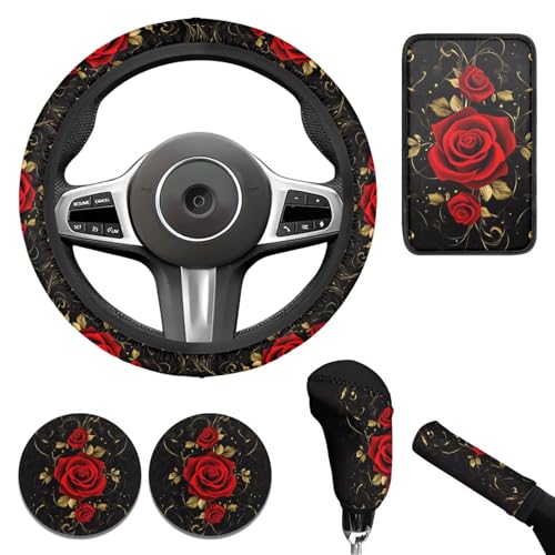 Red Rose 6pcs Car Steering Wheel Cover Set Flower Print Cup Coaster Handbrake Gear Cover Car Interior Accessories Fit Vans Trucks,SUV - color: Red Rose