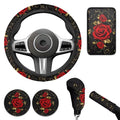 Red Rose 6pcs Car Steering Wheel Cover Set Flower Print Cup Coaster Handbrake Gear Cover Car Interior Accessories Fit Vans Trucks,SUV - color: Red Rose