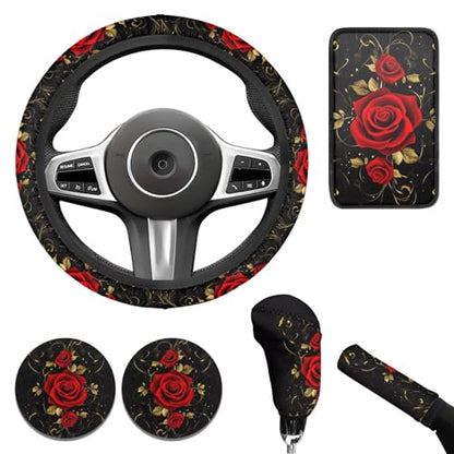Red Rose 6pcs Car Steering Wheel Cover Set Flower Print Cup Coaster Handbrake Gear Cover Car Interior Accessories Fit Vans Trucks,SUV - color: Red Rose