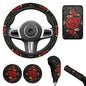 Red Rose 6pcs Car Steering Wheel Cover Set Flower Print Cup Coaster Handbrake Gear Cover Car Interior Accessories Fit Vans Trucks,SUV - color: Red Rose