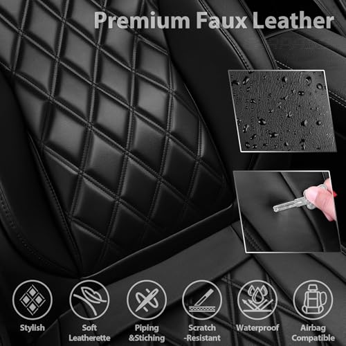 CAR PASS Luxury Nappa Leather Front Seat Covers, Waterproof Lumbar Support Seat Covers, Universal Anti Slip Seat Cushion Fit for Most Sedan SUV Truck Van, Armrest Airbag Compatible Rhomb Pure Black - color: black