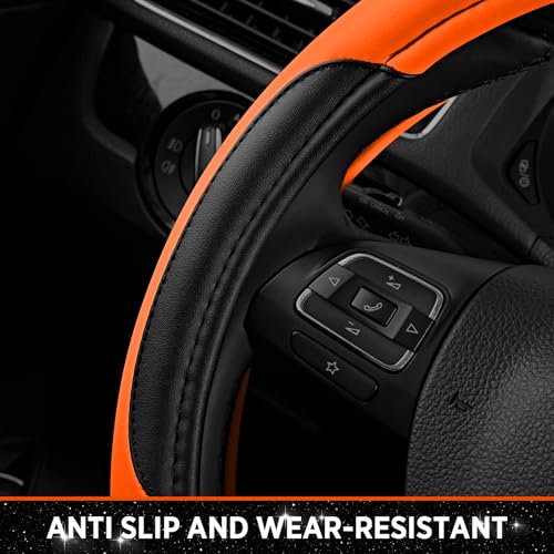 Road Comforts Leather Steering Wheel Cover - Made with PVC Leather - Anti-Slip, Universal Fit 14 1/2 inches to 15 inches - Orange - color: Orange