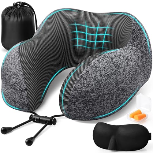 ExploreBliss Travel Pillow, Travel Pillows for Sleeping Airplane, Neck Pillow Airplane, Memory Foam Neck Pillow Set with Eye Mask, Earplugs and Storage Bag -Grey - color: Grey