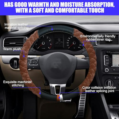 Car Steering Wheel Cover, Anti Slip Fluffy Vehicle Wheel Protector, 15 Inch Winter Plush Warm Automotive Wheel Protection Cover Accessories, Universal for SUV, Sedan, Truck(Coffee)
