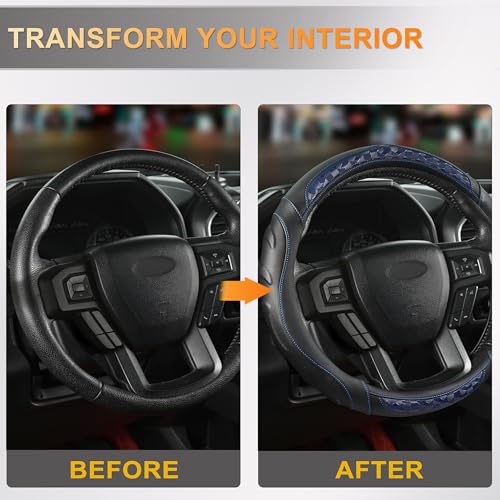 Black Seal Custom-Fit Steering Wheel Cover for Ford F-150, F-250, F-350, Expedition, 15.5–16", Anti-Slip PU Leather (Black+Blue) - color: Black+Blue