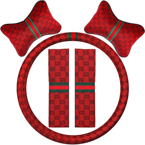 5PCS Steering Wheel Cover, with 2 Headrests, 2 Seat Belt Covers - Universal Fit for 14.5-15" Steering Wheel, Enhances Driving Experience - Perfect for Women (Red) - color: Red