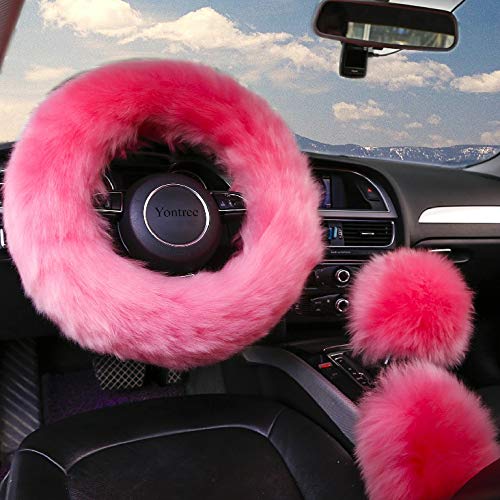 Yontree Fashion Fluffy Steering Wheel Covers for Women/Girls/Ladies/Men Australia Pure Wool Universal 15 Inch 1 Set 3 Pcs (Pink) - color: Pink, size: Long Wool