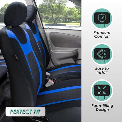 FH Group Full Set Cloth Car Seat Covers for Low Back Front Seat Covers, Airbag Compatible, Split Bench Rear Seat, Universal Fit, Washable Seat Cover for SUV, Sedan, Van, Blue