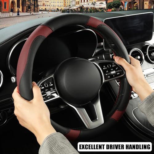 Microfiber Leather D Shaped Steering Wheel Cover, Breathable, Anti Slip, Universal 15 inch, Black with Burgundy - color: Black Burgundy, size: D Shape-Middle[14.5''-15'']