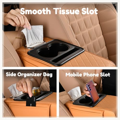 Car Center Console Pad Leather Armrest Pad w/Cup Holder, Tissue Box Slot, Side Bag, Phone Slot for Car Sedans (Embossed, Black-Red) - color: Black-Red, style: Embossed