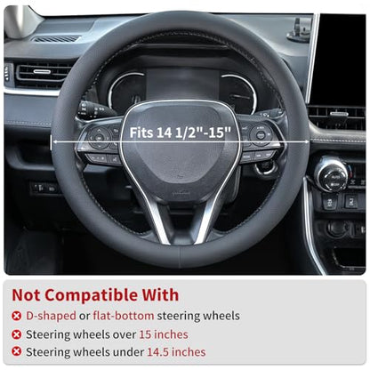 Uxcer Nappa Leather Steering Wheel Cover, Universal 14.5–15 Inch Non-Slip Breathable Steering Wheel Cover for Cars, Black - color: Black