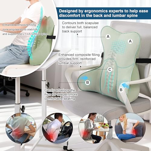 Lumbar Support Pillow (Pat. Pend) for Couch & Recliner, Ergonomic Chair Back Support for Lower Back Pain Relief, Back Support for Couch, with Adjustable Strap to Stay in Place, Celadon Green - color: Celadon Green