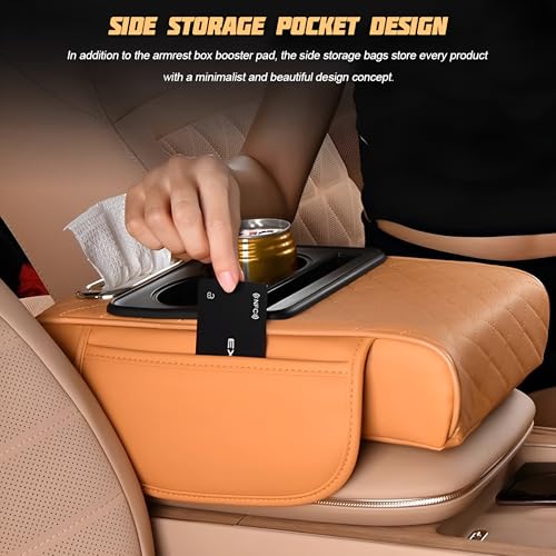 Car Center Console Armrest Pillow, Memory Foam Leather 4 in 1 Vehicle Arm Rest Cover with Tissue Box 2 Side Storage Bag Cup & Phone Holder, Auto Armrest Cushion, Universal Fit (Orange)
