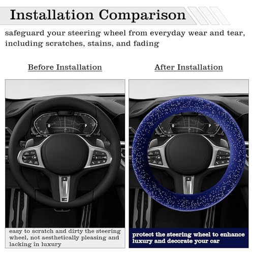 Blue Bling Starry Sky Furry Steering Wheel Cover, Universal 14.5-15 Inch Winter Plush Warm Steering Wheel Cover, Soft Fluffy, Anti-Slip Design, Soft Texture - color: Blue Starry Sky Plush