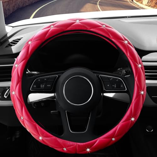 YOGURTCK Cute Diamond Soft Leather Anti-Slip Steering Wheel Cover with Bling Bling Crystal Rhinestones, Universal 15 Inch for Women Girls, Fit Vehicles, Sedans, SUVs, Vans, Trucks - Red - color: A-Red