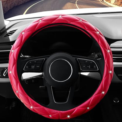 YOGURTCK Cute Diamond Soft Leather Anti-Slip Steering Wheel Cover with Bling Bling Crystal Rhinestones, Universal 15 Inch for Women Girls, Fit Vehicles, Sedans, SUVs, Vans, Trucks - Red - color: A-Red
