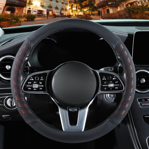 3D Premium Skin-Feel Leather Small Car Steering Wheel Cover, Anti-Slip Breathable Soft Slim Design, 13.5 inch to 14 inch, Black with Orange - color: Black with Orange, size: Round-Small[13.5''-14'']