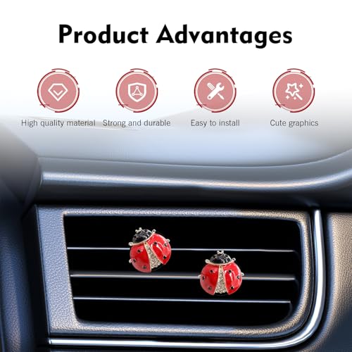 2 PCS Bling Car Air Vent Clips, 3D Rhinestone Lady Beetle Straight Outlet Ornament, Alloy Rustproof Refillable Diffuser Clip, Interior Decoration Part for Woman Girls (Red)