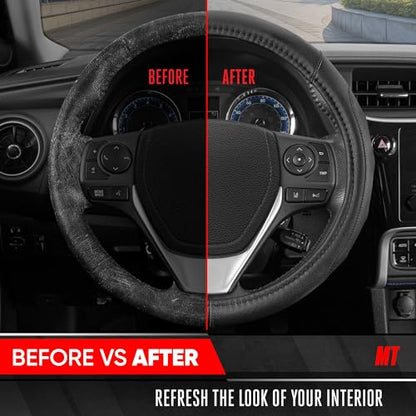 Motor Trend GripDrive Faux Black Leather Steering Wheel Cover for Car Truck Van SUV, Small 14 inch Size, Solid Black Stitched Car Steering Wheel Cover Vehicle & Auto Accessories