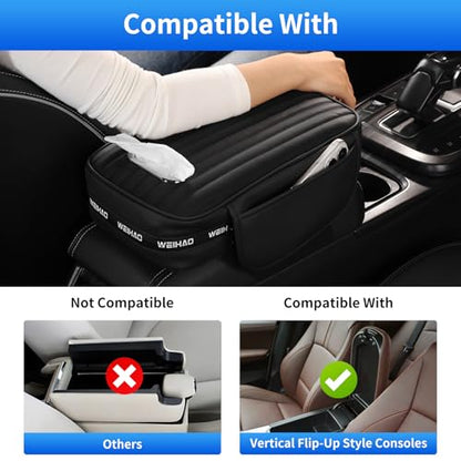 WEIHAO Car Armrest Cushion- Thick Padding 13x7.5x3.15 inch, Car Center Console Cover with Storage Pockets & Tissues Packs Slot, Leather Arm Rest Cover Pad for Cars, SUVs, Most Vehicles (Black-1PC)