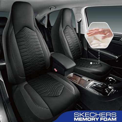 Skechers Memory Foam Car Seat Covers, Leather High Back Seat Covers Quilting Design,Waterproof Sports Car Seat Covers Front Seats,Airbag Compatible Universal Fit for Most Cars, SUVs,Trucks,Black