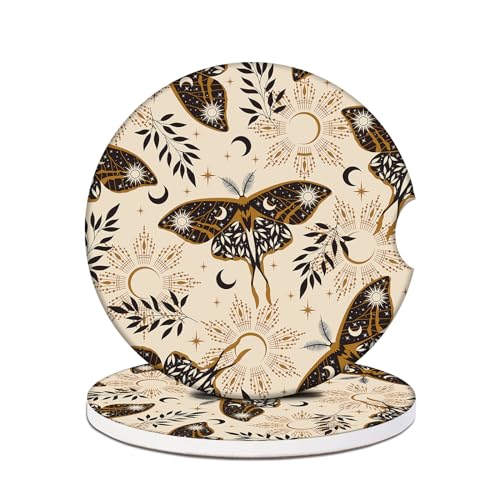 Car Cup Holders Coasters - Butterfly Moon Absorbent Ceramic Coaster, Drink Cup Holder Coasters, Auto Interior Accessories for Women & Men Pack of 2 - color: Butterfly Moon