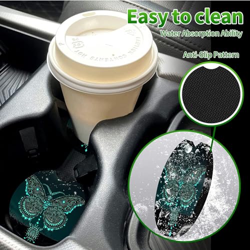 Universal Auto Center Console Pad and 2Pcs Car Coasters Set, Anti Slip Soft Neoprene Car Armrest Seat Box Cover Protector Universal Fit - Car Interior Accessories, Green Butterfly - color: 498