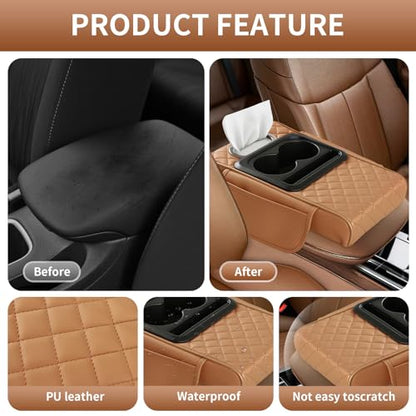 5-in-1 Car Armrest Cushion, Multifunctional PVC Leather Center Console Armrest Pillow Elbow, Universal Arm Box Pad Cover with Cup Holder, Phone Slot, Tissue Box Slot & 2 Storage Bags, Grey - color: Gray