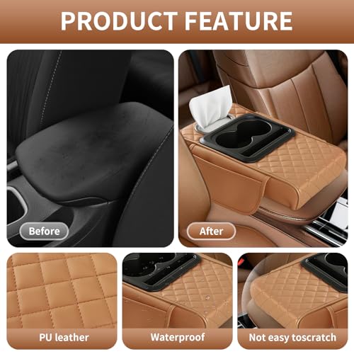 5-in-1 Car Armrest Cushion, Multifunctional PVC Leather Center Console Armrest Pillow Elbow, Universal Arm Box Pad Cover with Cup Holder, Phone Slot, Tissue Box Slot & 2 Storage Bags, Orange - color: Orange