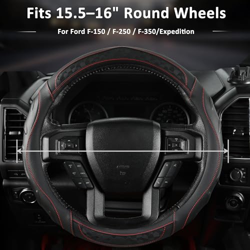 Black Seal Custom-Fit Steering Wheel Cover for Ford F-150, F-250, F-350, Expedition, 15.5–16", Anti-Slip PU Leather (Black+Red Line) - color: Black+Red Line