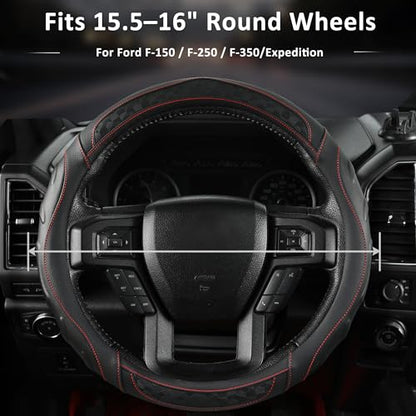 Black Seal Custom-Fit Steering Wheel Cover for Ford F-150, F-250, F-350, Expedition, 15.5–16", Anti-Slip PU Leather (Black+Red Line) - color: Black+Red Line