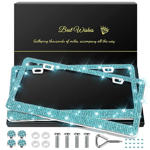 QUANQIUFEI 2 Pack Bling License Plate Frames for Women, Sparkly Rhinestone Diamond Car Accessories with Glitter Crystal Caps (Lake Blue) - color: Lake blue