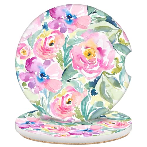 2 Pack Car Coasters for Cup Holders, 2.56" Universal Absorbent Ceramic Stone Car Cup Holder Coasters with Non-Slip Cork Base, Car Interior Accessories for Women Men(Pink Peony Floral) - color: Pink Peony Floral