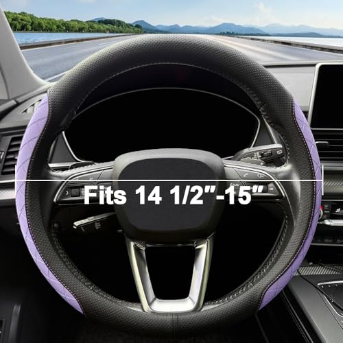 Nappa leather steering wheel cover,elegant diamond checkered design, non-slip wear-resistant, enhance driving comfort, suitable for steering wheel diameter 14 1/2‘-15’ models.Black and purple - color: Black and purple