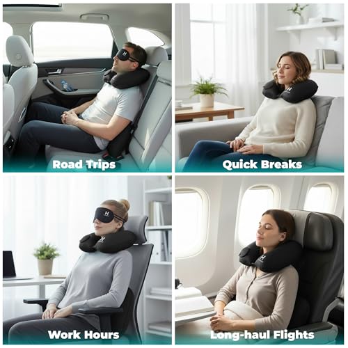 Travel Pillow and Lumbar Support Pillow Set 4 in 1 - Neck Pillow, lumbar Pillow, Eye Mask & Earplugs - Press-to-Inflate Design, 360° Breathable Support for Airplane, Car Travel, Office Nap (Black)