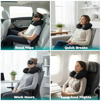 Travel Pillow and Lumbar Support Pillow Set 4 in 1 - Neck Pillow, lumbar Pillow, Eye Mask & Earplugs - Press-to-Inflate Design, 360° Breathable Support for Airplane, Car Travel, Office Nap (Black)