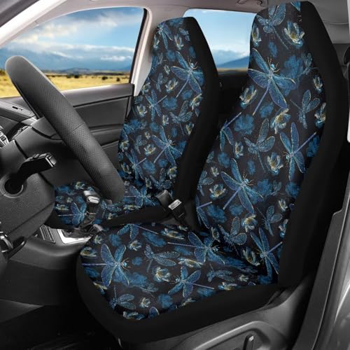 Dragonfly Print Automotive Seat Covers Front Only, Comfortable Breathable Front Car Seat Covers Universal Fit Sedan Van Truck SUV - color: Black and Blue - Dragonfly