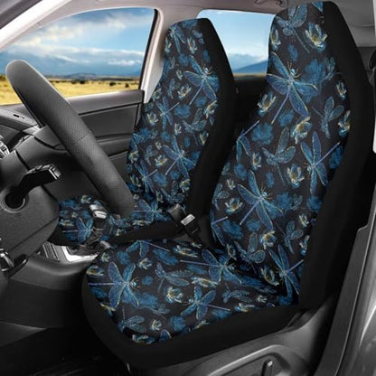 Dragonfly Print Automotive Seat Covers Front Only, Comfortable Breathable Front Car Seat Covers Universal Fit Sedan Van Truck SUV - color: Black and Blue - Dragonfly