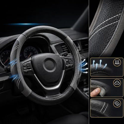 Elantrip Leather Large Steering Wheel Cover 14 1/2 inch to 15 inch Universal, Soft Grip Breathable for Car Truck SUV Jeep Anti Slip Gray - color: Gray, size: 14 1/2 - 15 Inch