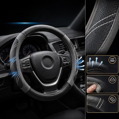 Elantrip Leather Large Steering Wheel Cover 14 1/2 inch to 15 inch Universal, Soft Grip Breathable for Car Truck SUV Jeep Anti Slip Gray - color: Gray, size: 14 1/2 - 15 Inch
