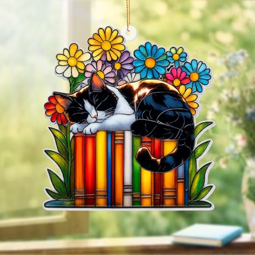 Cat Book Ornament – Stained Glass Style Acrylic Christmas Ornament, Book Lover Gifts for Women, Teacher & Librarian Holiday Decorations, Bookworm Fantasy Ornament for Reading Nook or Tree(Sun-16) - color: Sun-16