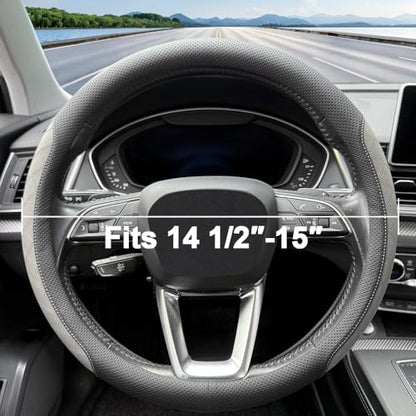 Nappa Leather Steering Wheel Cover,Elegant Diamond Checkered Design, Non-Slip wear-Resistant, Enhance Driving Comfort, Suitable for Steering Wheel Diameter 14 1/2‘-15’ Models.Black Gray - color: Black Gray